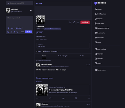 The 'Showcase' feed as it appears on Mastodon.